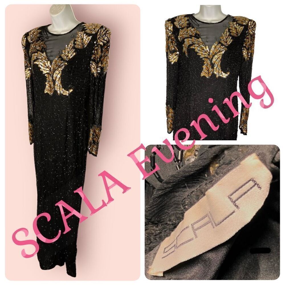 Gorgeous Vintage SCALA 100% Silk Black & Gold Sequin Evening Gown – Size PL, Lon